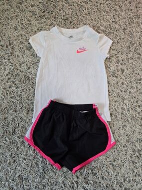 Nike Kids White Tee and Black Shorts with Hot Pink Accents